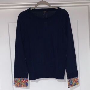 JCrew- Navy Sweater with Floral Cuffs- size M